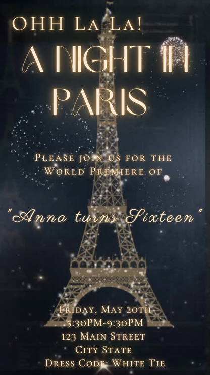 Paris Video Invite Editable template Eiffel Tower animated Parisian Party Evite French Birthday Oh La La theme Eiffel Tower instant download