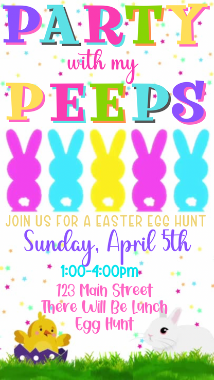 🐣 Party With My Peeps Easter Video Invitation – Editable Canva Template

Make Easter planning effortless and adorable with this Party With My Peeps Easter Video Invitation Canva Template. Designed for modern hosts who want something fun, fast, and memorable, this animated Easter invite is perfect for Easter parties, kids’ celebrations, egg hunts, classroom events, church gatherings, and spring parties.&nbsp;