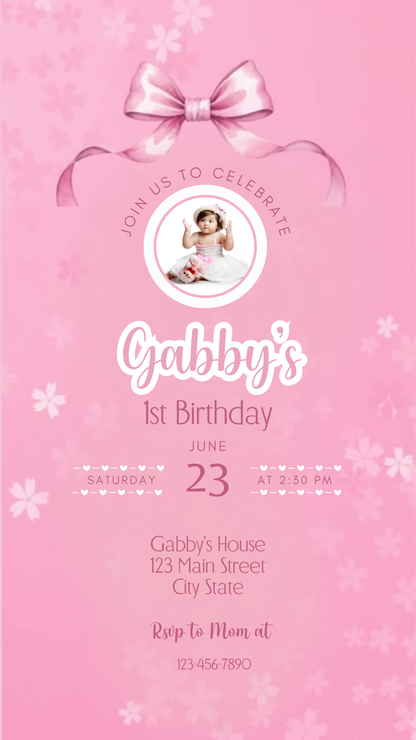 Pink Bow Party Video Invitation | Digital Coquette Ribbon Invite | Editable Online Template