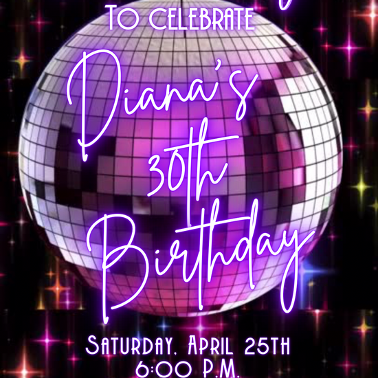 Editable disco birthday video invitation featuring a glowing purple disco ball, neon lights, and retro 70s typography. Perfect for milestone birthdays, dance parties, or 80s night events. Vertical 1080x1920 Canva template, customizable for names, dates, and RSVP details. Easy to share via text or social media.