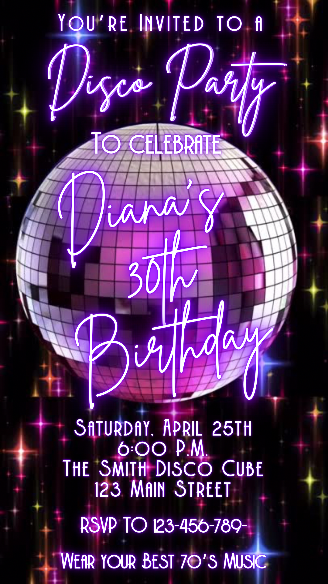Editable disco birthday video invitation featuring a glowing purple disco ball, neon lights, and retro 70s typography. Perfect for milestone birthdays, dance parties, or 80s night events. Vertical 1080x1920 Canva template, customizable for names, dates, and RSVP details. Easy to share via text or social media.