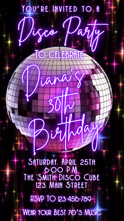 Editable disco birthday video invitation featuring a glowing purple disco ball, neon lights, and retro 70s typography. Perfect for milestone birthdays, dance parties, or 80s night events. Vertical 1080x1920 Canva template, customizable for names, dates, and RSVP details. Easy to share via text or social media.