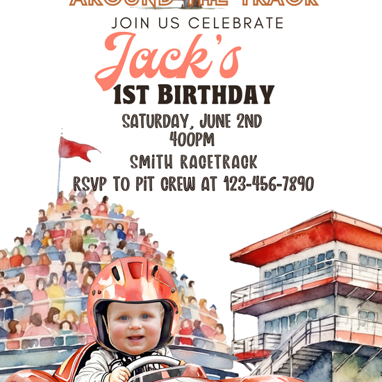 First Lap Race Track Video Invitation | Digital Racing Party Invite | Editable Online Template
