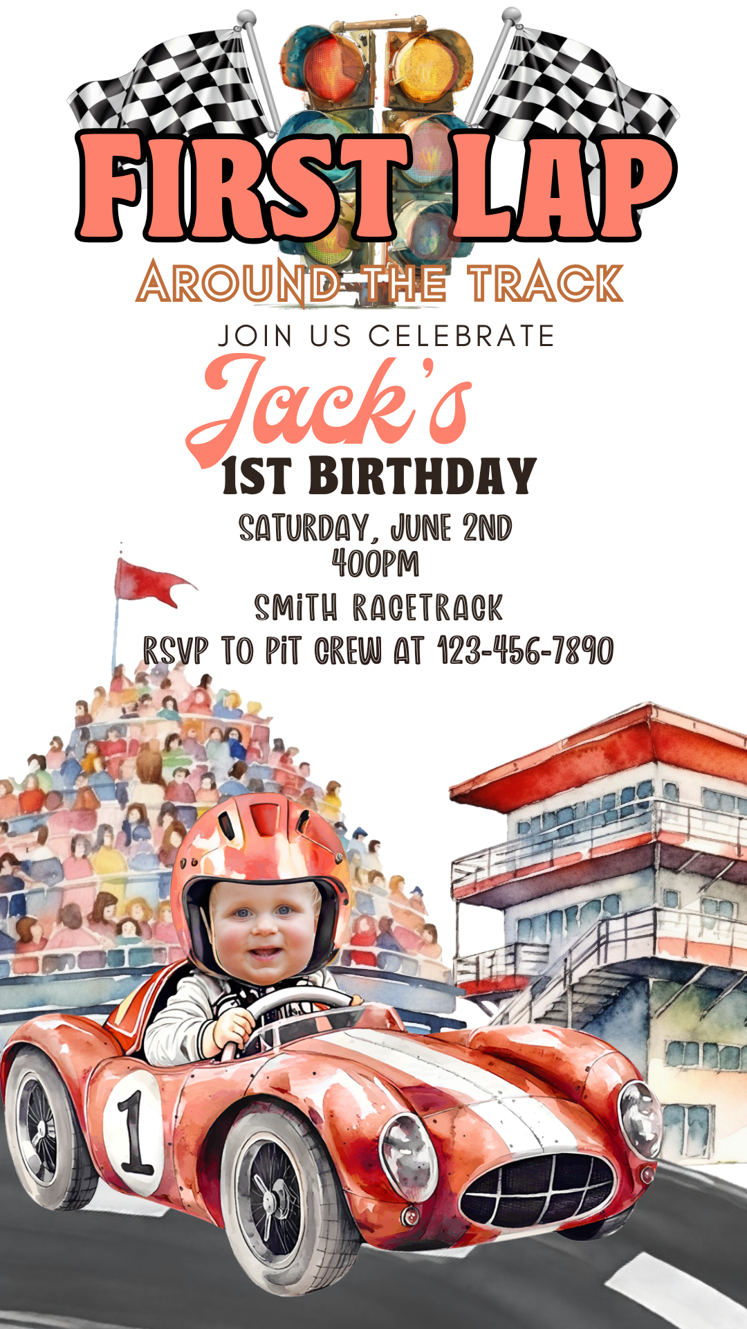 First Lap Race Track Video Invitation | Digital Racing Party Invite | Editable Online Template