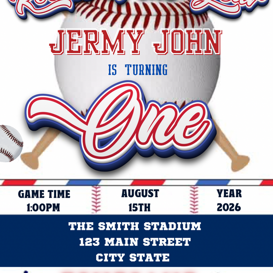 Editable Rookie of the Year video invitation in a baseball ticket style for 1st birthday or sports-themed party. Animated Canva template with music, mobile format, and easy customization