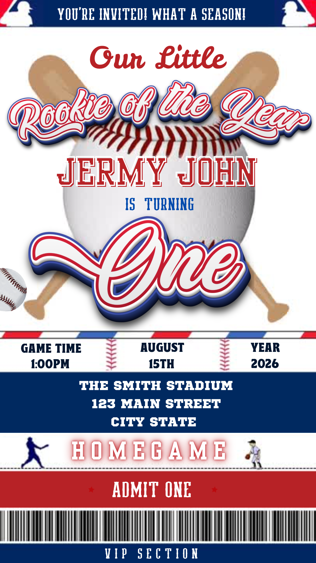 Editable Rookie of the Year video invitation in a baseball ticket style for 1st birthday or sports-themed party. Animated Canva template with music, mobile format, and easy customization