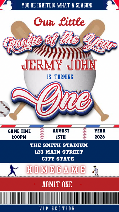 Editable Rookie of the Year video invitation in a baseball ticket style for 1st birthday or sports-themed party. Animated Canva template with music, mobile format, and easy customization