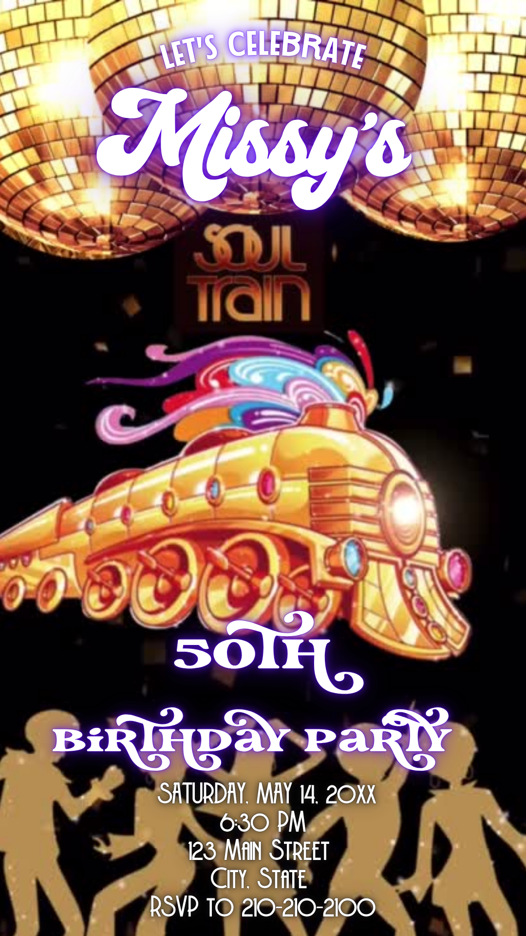 Smartphone showing Soul Train party video invitation with disco ball