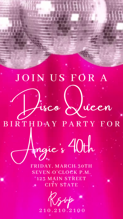 Pink Disco video Invite template Groovy Pink evite animated disco ball 70 Retro theme custom birthday party canva instant access design