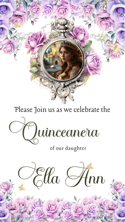 Lilac Quinceanera Video Invite | Animated Sweet 15 Quince Invite | Editable Canva Evite Template
