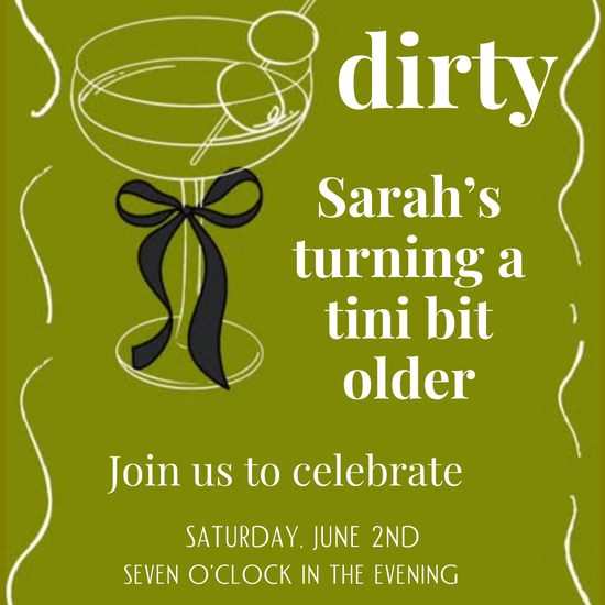 Smartphone screen showing dirty martini party video invitation with olive graphics