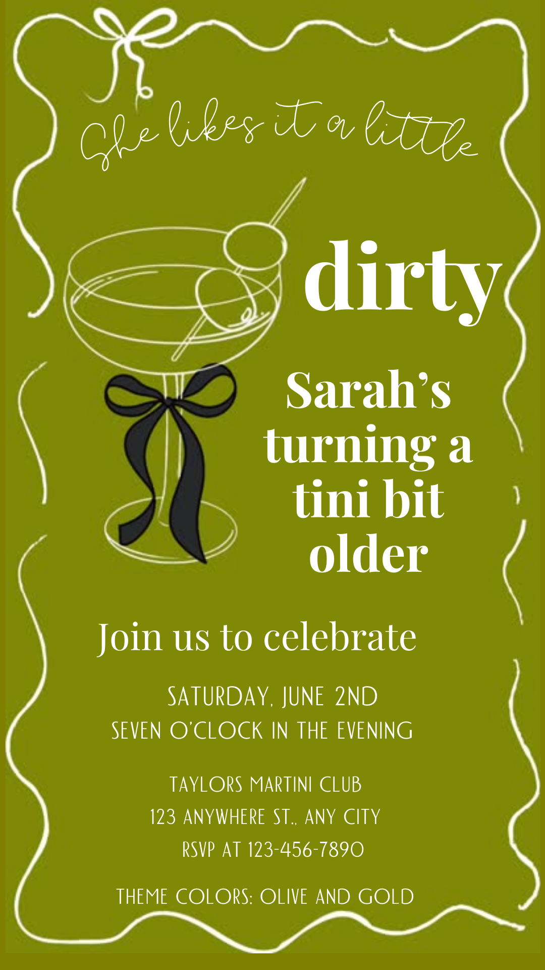 Smartphone screen showing dirty martini party video invitation with olive graphics