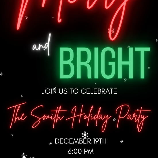 Neon Merry Christmas party video invitation with glowing typography