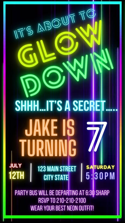 Editable neon glow down birthday video invitation displayed on a mobile phone, featuring an animated vertical digital invite with music, created in Canva. This premium video invitation template is designed for sharing by text, email, and social media and works with an interactive RSVP website for easy guest response tracking.