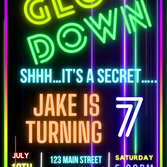 Neon Glow Down party video invitation with glowing neon text