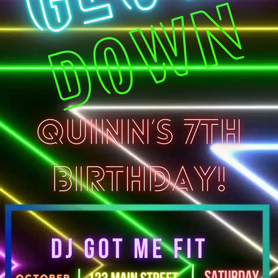 Editable neon glow birthday party video invitation displayed on a mobile phone, featuring an animated vertical digital invite with music, created in Canva. This premium video invitation template is designed for sharing by text, email, and social media and works with an interactive RSVP website for easy guest response tracking.