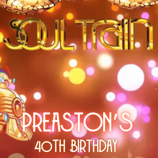 Editable Soul Train video invitation featuring golden disco balls, funky silhouettes, and retro 70s party vibes. Perfect for milestone birthdays, disco dance nights, and soul-themed celebrations. Mobile-friendly 1080x1920 Canva template with music, fully customizable text, and vibrant animation. Share instantly via text, email, WhatsApp, or social media.