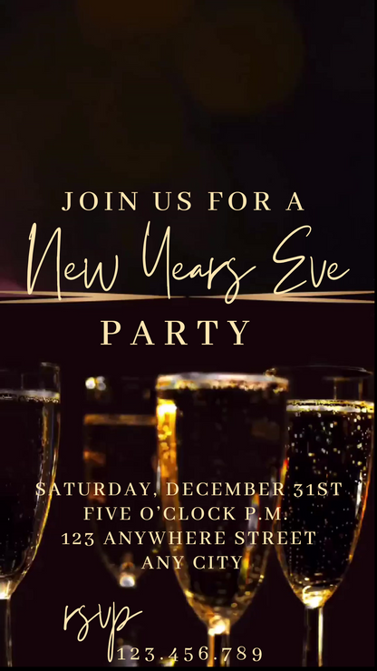 Smartphone screen showing glittery New Year’s video invite with countdown