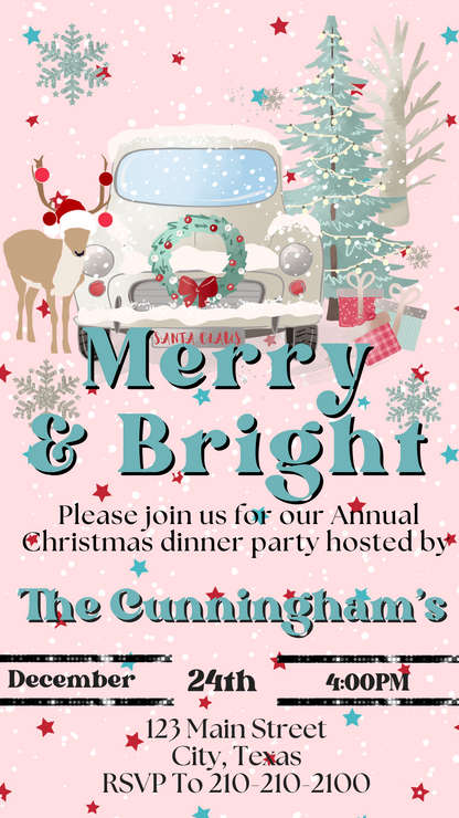 Pink Merry & Bright Christmas dinner party video invitation design