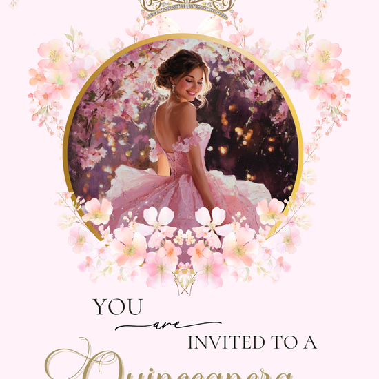 Editable pink Quinceañera and Sweet 16 video invitation template with music, RSVP, and floral gold princess design. Perfect for teens celebrating their milestone birthday. Fully customizable in Canva with your photo, event details, and song choice. Vertical mobile format for texting, emailing, or sharing on social media. Elegant, feminine, and easy to personalize.