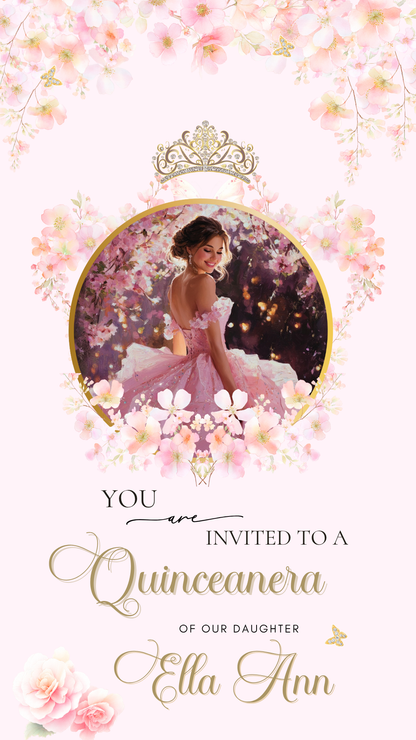 Editable pink Quinceañera and Sweet 16 video invitation template with music, RSVP, and floral gold princess design. Perfect for teens celebrating their milestone birthday. Fully customizable in Canva with your photo, event details, and song choice. Vertical mobile format for texting, emailing, or sharing on social media. Elegant, feminine, and easy to personalize.