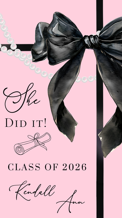 This Class of 2026 graduation video invite with Pink and Black bow with Pearls - this editable video template animated announcement is perfect for celebrating your grads special celebration. This is a feminine Pink and Black bow with Pearls minimalist elegance. Whether you need a digital invitation with photo, an instant download file, or a mobile-friendly animated template, this Canva editable invitation makes event planning seamless and stylish.
