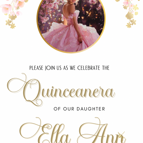 Quinceañera invitation with elegant pink floral design, sparkling ball gown artwork, and golden crown accents. A digital Sweet 15 party invitation perfect for milestone celebrations, family gatherings, or save-the-date announcements. Stylish, modern, and easy to share online, this quince invitation creates a memorable way to invite guests to her big day.