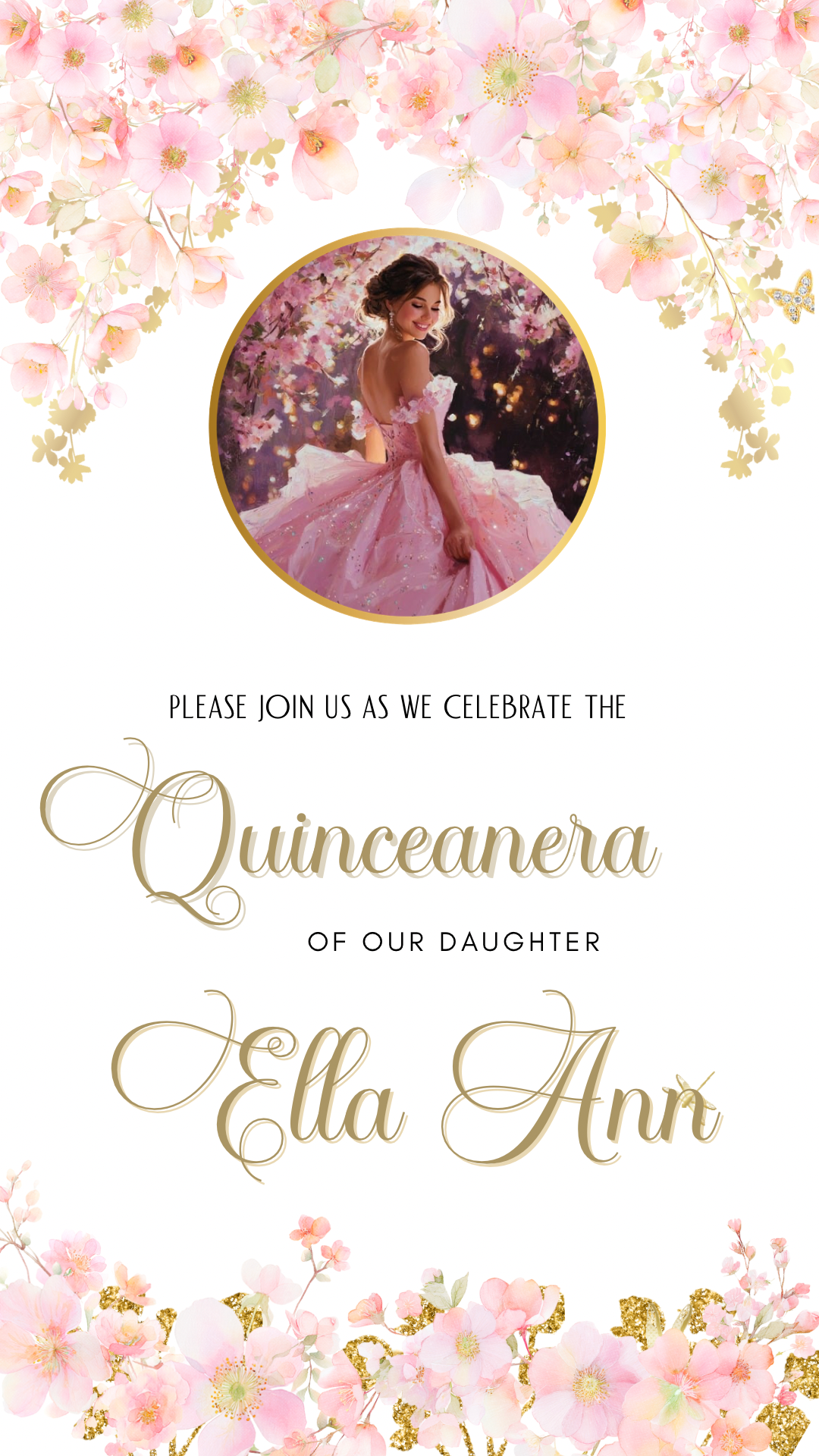 Quinceañera invitation with elegant pink floral design, sparkling ball gown artwork, and golden crown accents. A digital Sweet 15 party invitation perfect for milestone celebrations, family gatherings, or save-the-date announcements. Stylish, modern, and easy to share online, this quince invitation creates a memorable way to invite guests to her big day.