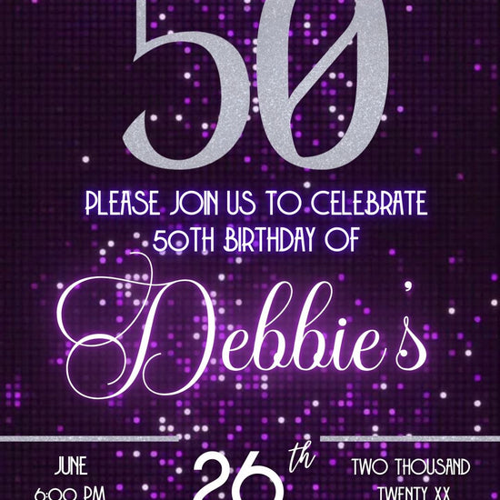 Editable purple glitter 50th birthday video invitation displayed on a mobile phone, featuring an animated vertical digital invite with music, created in Canva. This premium video invitation template is designed for sharing by text, email, and social media and works with an interactive RSVP website for easy guest response tracking.