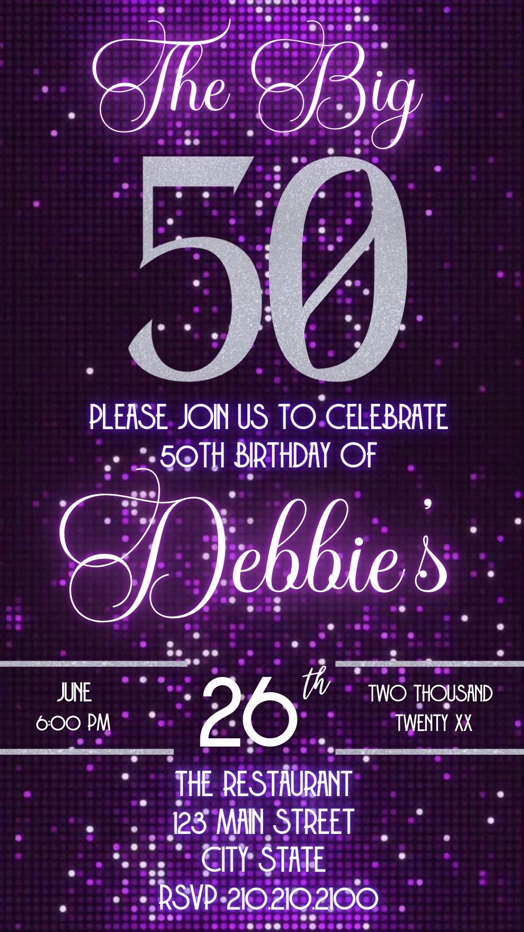 Editable purple glitter 50th birthday video invitation displayed on a mobile phone, featuring an animated vertical digital invite with music, created in Canva. This premium video invitation template is designed for sharing by text, email, and social media and works with an interactive RSVP website for easy guest response tracking.