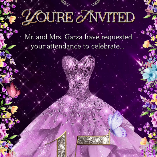 Editable Quinceañera invitation video template designed for mobile phones. Includes animated text, music, and photo customization. Perfect for Sweet 15 or Sweet 16 birthdays. Share instantly via text, WhatsApp, email, or social media. A beautiful, stunning design ideal for modern celebrations. Delivered as MP4 download—no physical item.