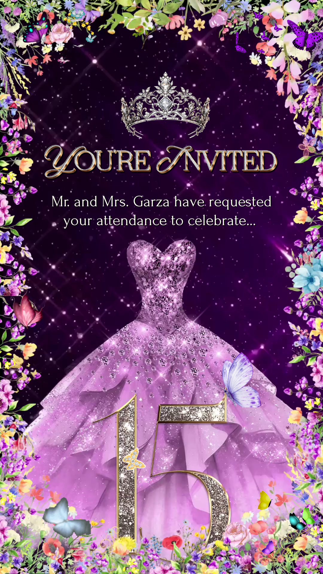 Editable Quinceañera invitation video template designed for mobile phones. Includes animated text, music, and photo customization. Perfect for Sweet 15 or Sweet 16 birthdays. Share instantly via text, WhatsApp, email, or social media. A beautiful, stunning design ideal for modern celebrations. Delivered as MP4 download—no physical item.