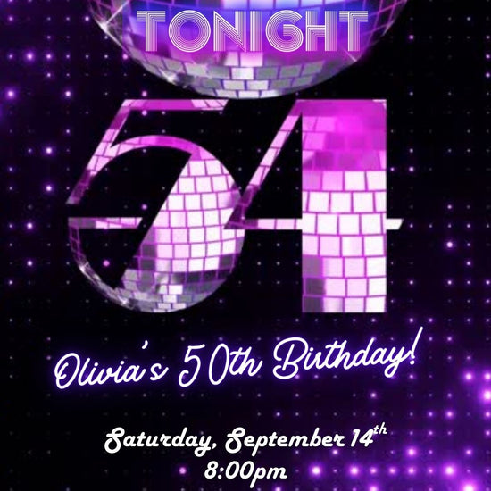 Editable purple disco studio 54 birthday video invitation displayed on a mobile phone, featuring an animated vertical digital invite with music, created in Canva. This premium video invitation template is designed for sharing by text, email, and social media and works with an interactive RSVP website for easy guest response tracking.