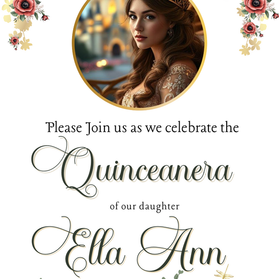 Quinceañera invitation set with floral designs, golden crown accents, and elegant script text. Includes save-the-date and formal invitation options, perfect for celebrating a Sweet 15 milestone. Digital format makes it easy to download and share instantly online. A glamorous and stylish design that creates a memorable way to invite family and friends to her quinceañera celebration.
