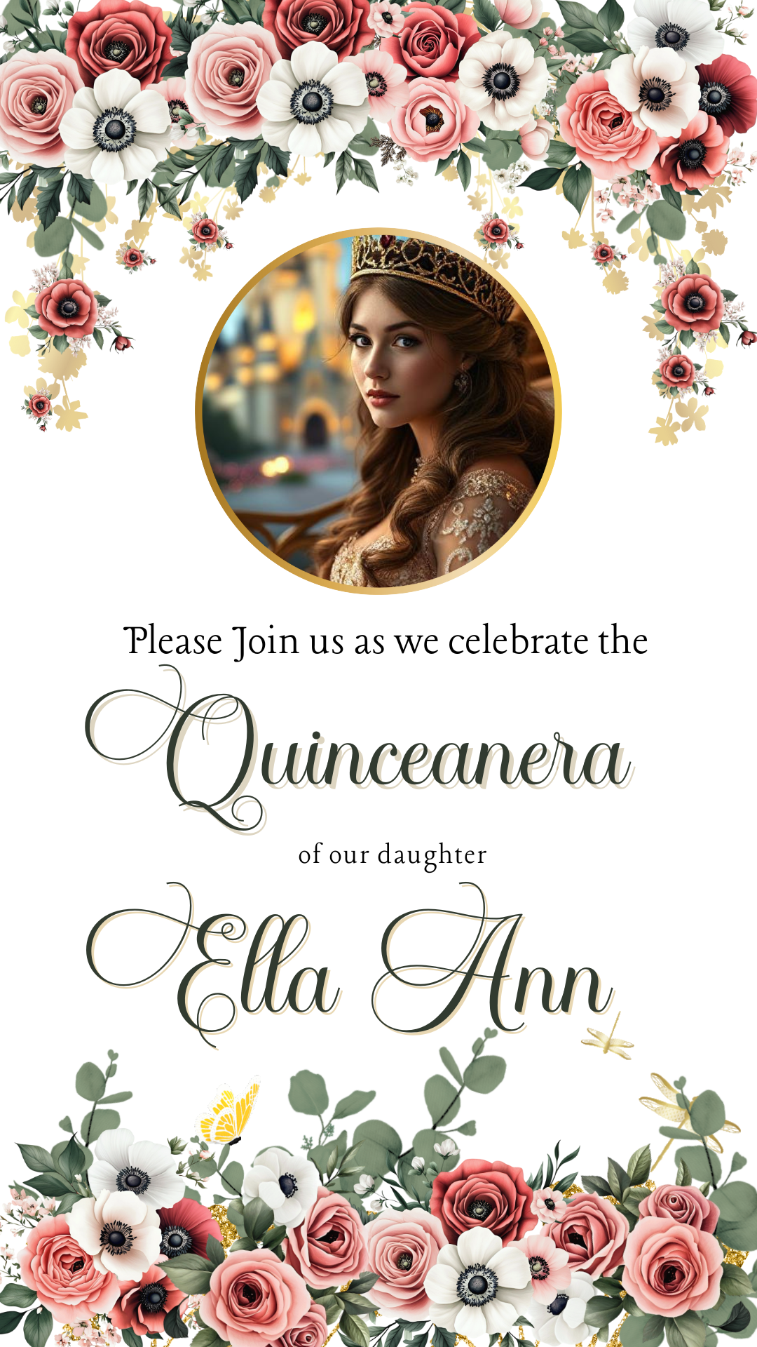 Quinceañera invitation set with floral designs, golden crown accents, and elegant script text. Includes save-the-date and formal invitation options, perfect for celebrating a Sweet 15 milestone. Digital format makes it easy to download and share instantly online. A glamorous and stylish design that creates a memorable way to invite family and friends to her quinceañera celebration.

