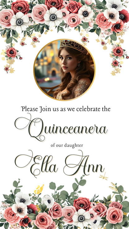 Quinceañera invitation set with floral designs, golden crown accents, and elegant script text. Includes save-the-date and formal invitation options, perfect for celebrating a Sweet 15 milestone. Digital format makes it easy to download and share instantly online. A glamorous and stylish design that creates a memorable way to invite family and friends to her quinceañera celebration.
