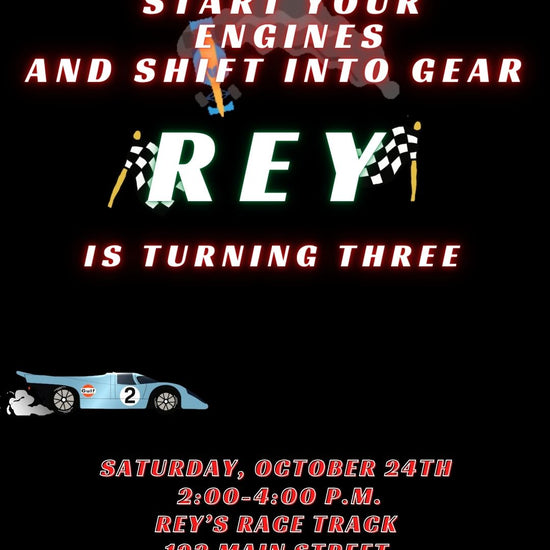 Editable race car birthday birthday video invitation displayed on a mobile phone, featuring an animated vertical digital invite with music, created in Canva. This premium video invitation template is designed for sharing by text, email, and social media and works with an interactive RSVP website for easy guest response tracking.