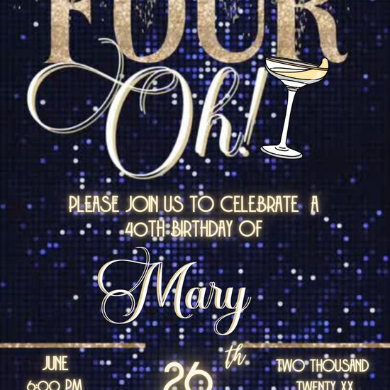 Editable blue gold 40th birthday video invitation displayed on a mobile phone, featuring an animated vertical digital invite with music, created in Canva. This premium video invitation template is designed for sharing by text, email, and social media and works with an interactive RSVP website for easy guest response tracking.