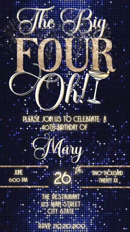 Editable blue gold 40th birthday video invitation displayed on a mobile phone, featuring an animated vertical digital invite with music, created in Canva. This premium video invitation template is designed for sharing by text, email, and social media and works with an interactive RSVP website for easy guest response tracking.