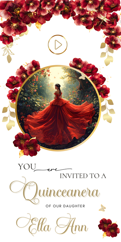 Red Quinceanera mini-Website RSVP tracker| Animated Sweet 15 16 Video Invitation | Canva Template