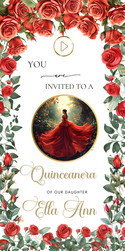 Einladung zur Quinceañera mit roten Rosen | Einladung zur Sweet 15/16 mit RSVP-Tracking | Canva-Vorlage