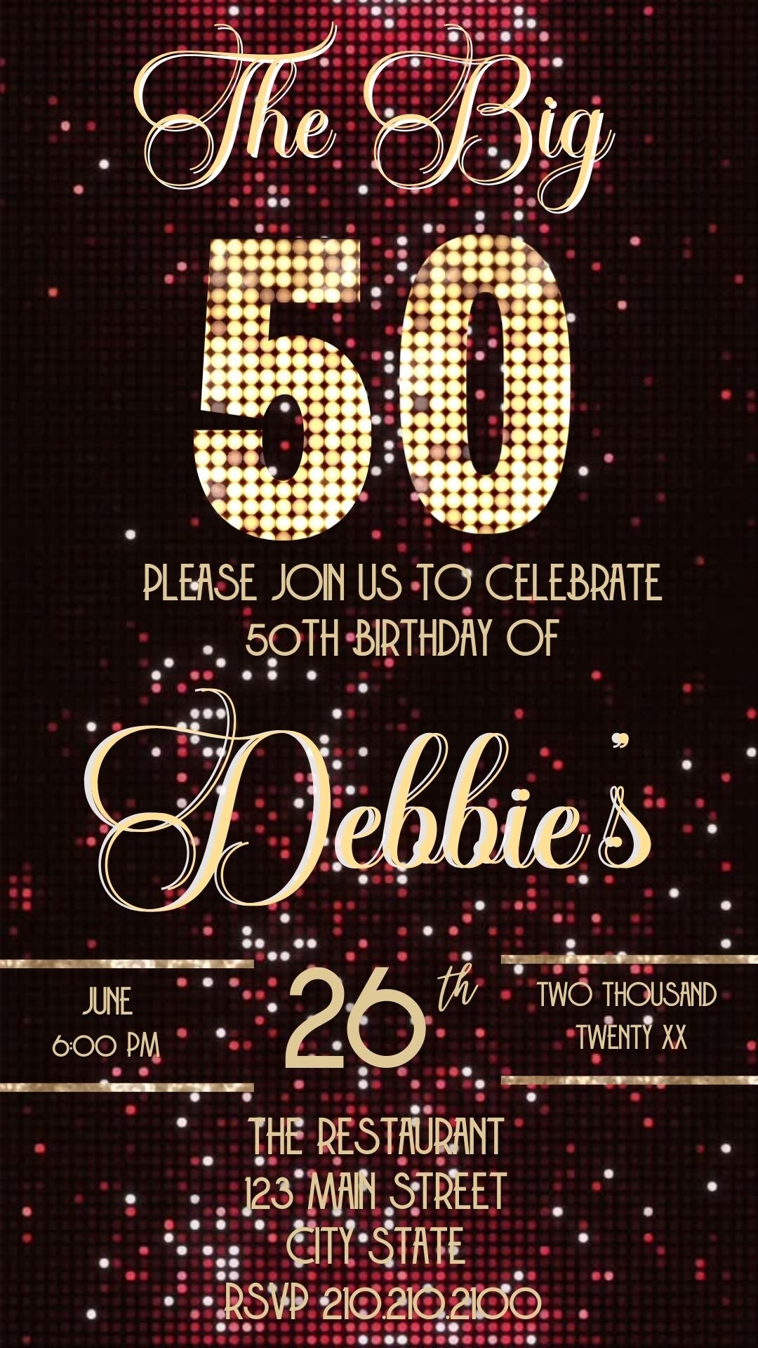 Editable red gold glam 50th birthday video invitation displayed on a mobile phone, featuring an animated vertical digital invite with music, created in Canva. This premium video invitation template is designed for sharing by text, email, and social media and works with an interactive RSVP website for easy guest response tracking.
