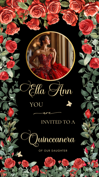Videoeinladung zur Quinceañera mit roten Rosen | Digitale Einladung zum 15. Geburtstag | Bearbeitbare Canva-Vorlage