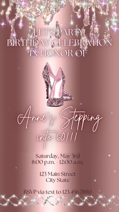 Stepping Into My Birthday Video Invite | Rose Gold Heel Digital Evite | Editable Canva Invite Template