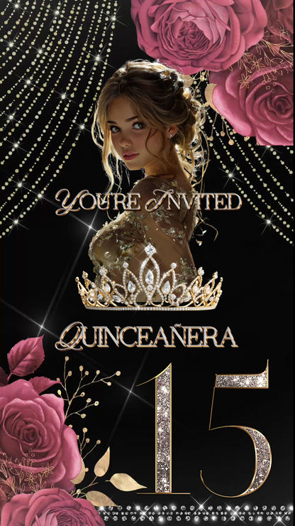 Editable Quinceañera invitation video template designed for mobile phones. Includes animated text, music, and photo customization. Perfect for Sweet 15 or Sweet 16 birthdays. Share instantly via text, WhatsApp, email, or social media. A beautiful, stunning design ideal for modern celebrations. Delivered as MP4 download—no physical item