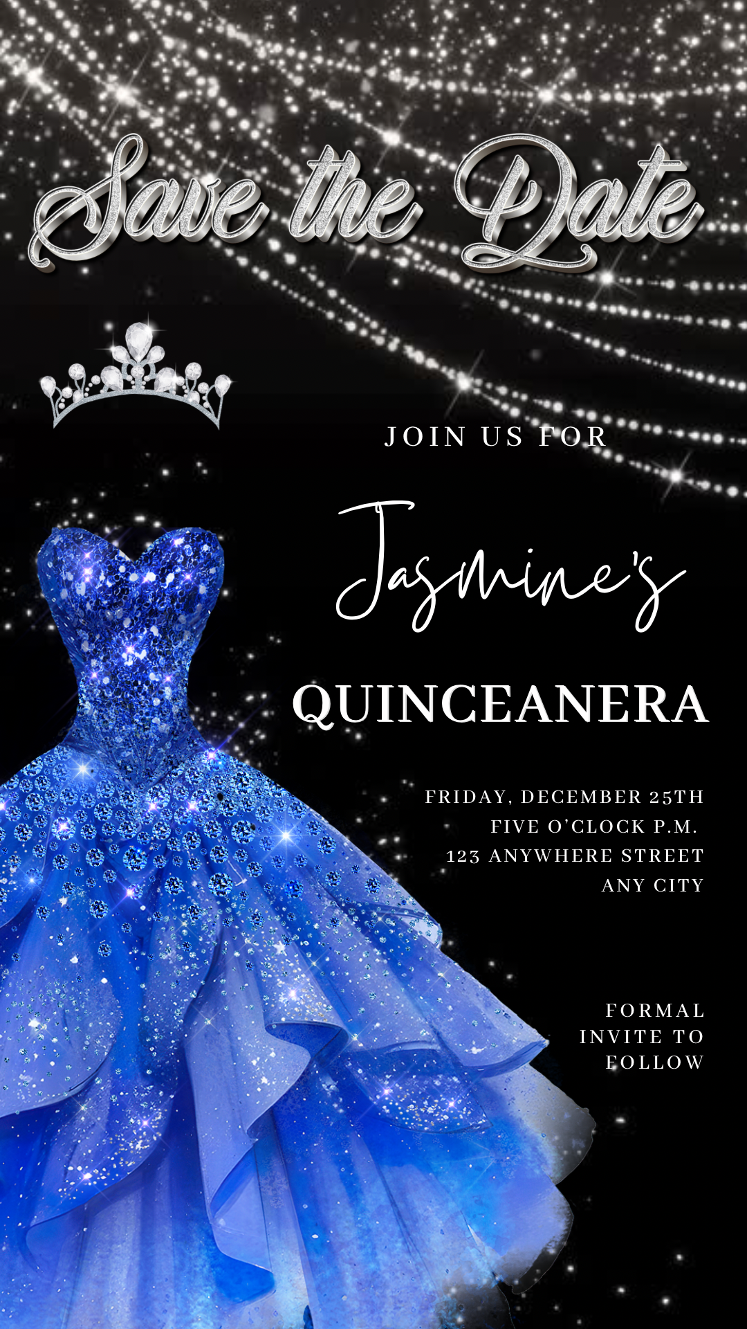 Royal Blue Quinceañera Video Invite | Sweet 15 16 Quince RSVP Tracker | Editable Save the Date Canva Evite Template