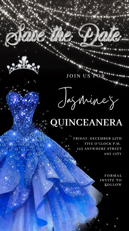Royal Blue Quinceañera Video Invite | Sweet 15 16 Quince RSVP Tracker | Editable Save the Date Canva Evite Template