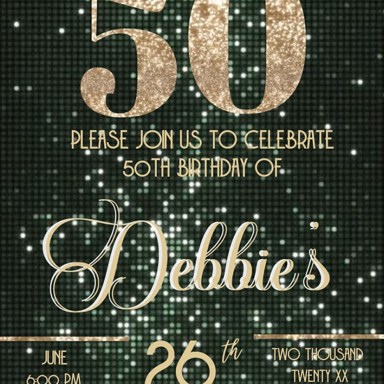 Editable sage green & gold 50th birthday video invitation displayed on a mobile phone, featuring an animated vertical digital invite with music, created in Canva. This premium video invitation template is designed for sharing by text, email, and social media and works with an interactive RSVP website for easy guest response tracking.