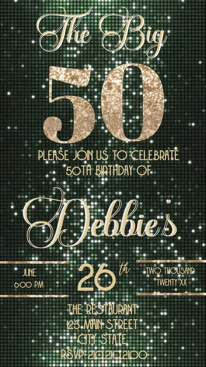 Editable sage green & gold 50th birthday video invitation displayed on a mobile phone, featuring an animated vertical digital invite with music, created in Canva. This premium video invitation template is designed for sharing by text, email, and social media and works with an interactive RSVP website for easy guest response tracking.