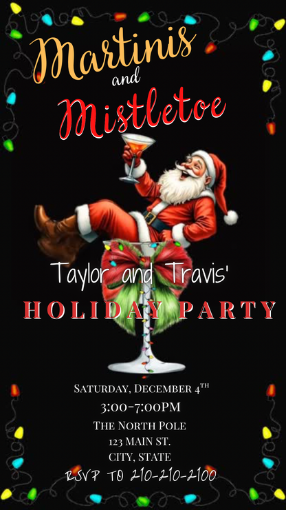 Funny Christmas video invitation featuring Santa relaxing in a martini glass with festive holiday lights and bold “Martinis and Mistletoe” text. Editable Canva template includes background music, instant download, and RSVP website link for easy sharing via text, WhatsApp, or email. Perfect for holiday cocktail parties, office celebrations, and Friendsmas events.